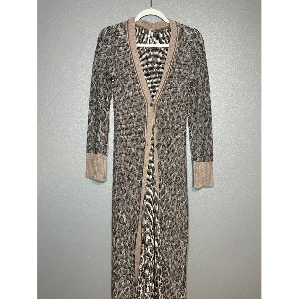 Free People Leopard Print Duster Cardigan Brown Animal Knit Long Sweater Small